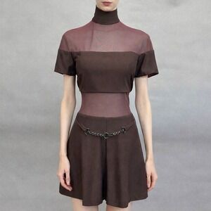 Vintage Cache Brown Sheer Mesh Romper Chain‎ Belt 90s High Neck Short Sleeve